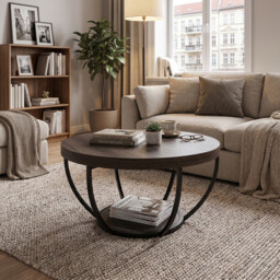 LANTINE Round Coffee Table, 80cm Wooden 2-Tier Circle Coffee Table with Storage Shelves, Modern Accent Cocktail Table Center Table for Living Room, Grey - thumbnail 7