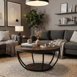 LANTINE Round Coffee Table, 80cm Wooden 2-Tier Circle Coffee Table with Storage Shelves, Modern Accent Cocktail Table Center Table for Living Room, Grey - thumbnail 5