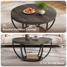 LANTINE Round Coffee Table, 80cm Wooden 2-Tier Circle Coffee Table with Storage Shelves, Modern Accent Cocktail Table Center Table for Living Room, Grey - thumbnail 6