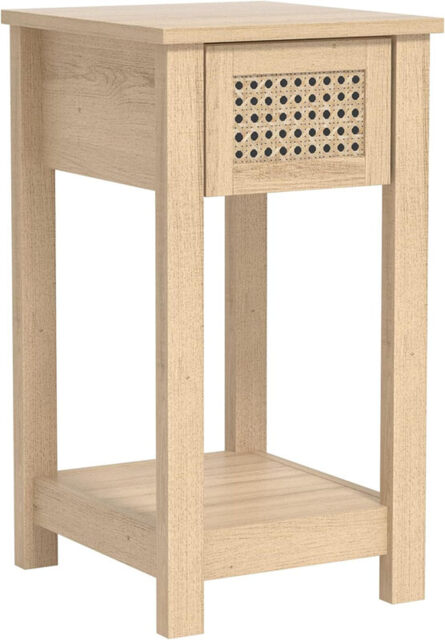 Galano Gio Bedside Table – Stylish Bedside with Rattan Effect – Slim Drawer Side Table with Storage – Cabinet for Bedroom, Hallway or Entryway – Oslo Oak - image 1