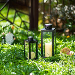 Black Lanterns Decorative Indoor: 9.5 inch Hanging Wedding Hurricane Lantern with Clear Glass Farmhouse Candle Holder for Living Room Front Porch Table Mantle Garden Wall Decorations - thumbnail 3