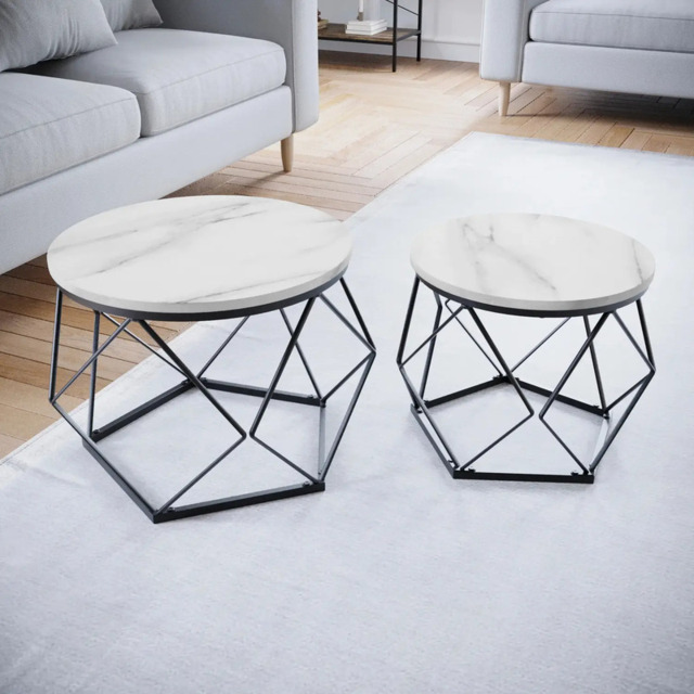 Vida Designs Side Tables Nested Brooklyn Geometric Marble Effect/Black 2pcs - image 1