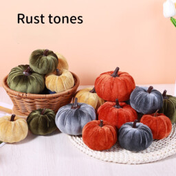 Marrybox Fall Decorative Pumpkins Plush Velvet Effect Rust/Oche/Green 12pcs - thumbnail 2