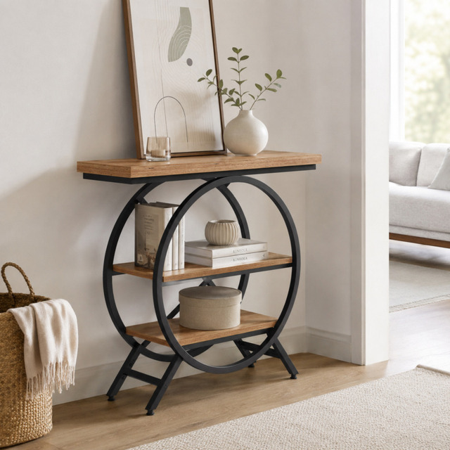 LANTINE Console Table, 100 cm, Thick Top Industrial Coffee Table, Side Tables with Geometric Metal Frame, for Living Room, Entrance, Rustic Brown - image 1
