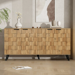Vintage Sideboard Textured Oak Look 3D Square Front 4 Doors and Adjustable Shelves 150×35×78cm - thumbnail 4