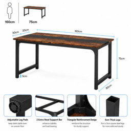 LANTINE Desk, 160 x 80 cm Computer Desk, Office Desk, Study Desk, Home Office Workstation, Modern Simple Style, Vintage Brown/Black - thumbnail 7