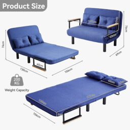 mcc direct 4 in 1 Folding Double Sofa Bed Convertible Lounge Sleeper Chair with Adjustable Backrest and 2 Tufted Cushions, Sleeper Recliner Armchair for Living Room, Bedroom, Guest Room (Navy Blue) - thumbnail 6