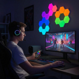 Hexagon LED Panels, 8 pcs ,Sechseck Gaming Deko LED Wandleuchte, Musik Sync, APP-Kontrolle, Fernbedienungen, Sechseck Waben Wall Lights Gaming Zubehör Hexa Lampe Smart Zuhause Wand Deko - thumbnail 2