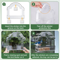 【Back-to-School】Blinkit 0162 Acrylic Bird Feeder - Window Suction Cup Mount, 6 Strong Suction Cups,Transparent Visual Design,Widened Eaves Prevent Rain & Spillage,Ideal for Bird Watching, Black/White/Gray - thumbnail 3