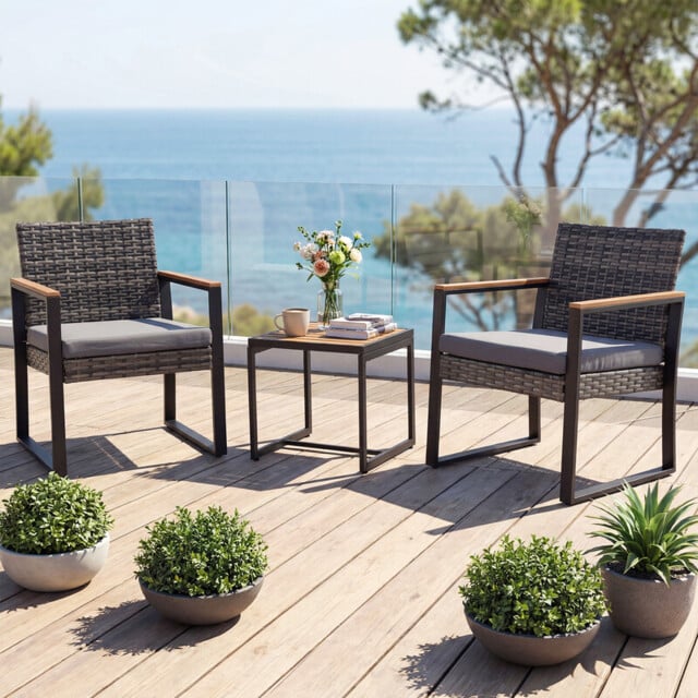 Costway 3-Piece PE Wicker Patio Set with Soft Cushion and Side Table for Balcony-Grey - image 1