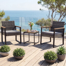 Costway 3-Piece PE Wicker Patio Set with Soft Cushion and Side Table for Balcony-Grey
