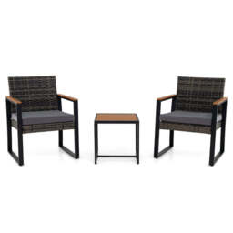 Costway 3-Piece PE Wicker Patio Set with Soft Cushion and Side Table for Balcony-Grey - thumbnail 4