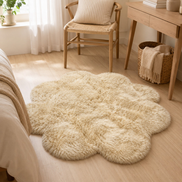 Large Plush Faux Wool Flower Shaped Area Rug, 180x180cm Soft Shaggy Plum Blossom Mat, Unique Non-Slip Carpet for Living Room, Bedroom (Brown) - image 1