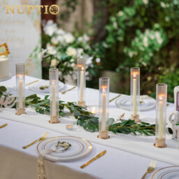 Candlestick Holder with Ribbed Hurricane: Set of 6 Metal Candle Holders with Glass Cylinders - Gold Taper Candleholders for Birthday Valentine Wedding Table Centerpiece Outdoor Decor - thumbnail 5