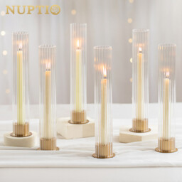 Candlestick Holder with Ribbed Hurricane: Set of 6 Metal Candle Holders with Glass Cylinders - Gold Taper Candleholders for Birthday Valentine Wedding Table Centerpiece Outdoor Decor - thumbnail 3
