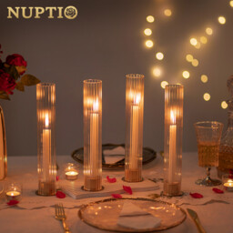 Candlestick Holder with Ribbed Hurricane: Set of 6 Metal Candle Holders with Glass Cylinders - Gold Taper Candleholders for Birthday Valentine Wedding Table Centerpiece Outdoor Decor - thumbnail 4
