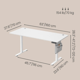 Ochama Electric Standing Desk, Height Adjustable Desk, 70 x 160 x (72-120) cm, for Home Office, Study, White - thumbnail 2