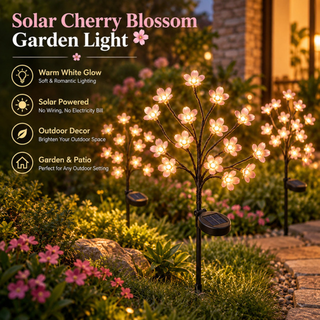 Solar Cherry Blossom String Lights, Cherry Blossom, 20 LEDs, Solar Powered, Waterproof Decorative Lights - image 1