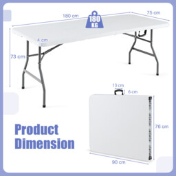 Costway 180 CM Folding Plastic Dining Table with Handle Metal Legs and Non-Slip Foot Pads - thumbnail 3