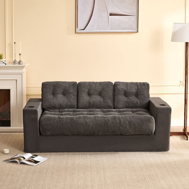 Ochama 3-Seater Couch for Living Room, Space-Saving Boneless Sofa in a Box with Cushions & Cup Holders, Corduroy Floor Sofa with Backrest, No Assembly Required, for Small Spaces & Teens,Grey - image 1