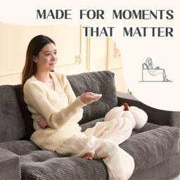Ochama 3-Seater Couch for Living Room, Space-Saving Boneless Sofa in a Box with Cushions & Cup Holders, Corduroy Floor Sofa with Backrest, No Assembly Required, for Small Spaces & Teens,Grey - thumbnail 4