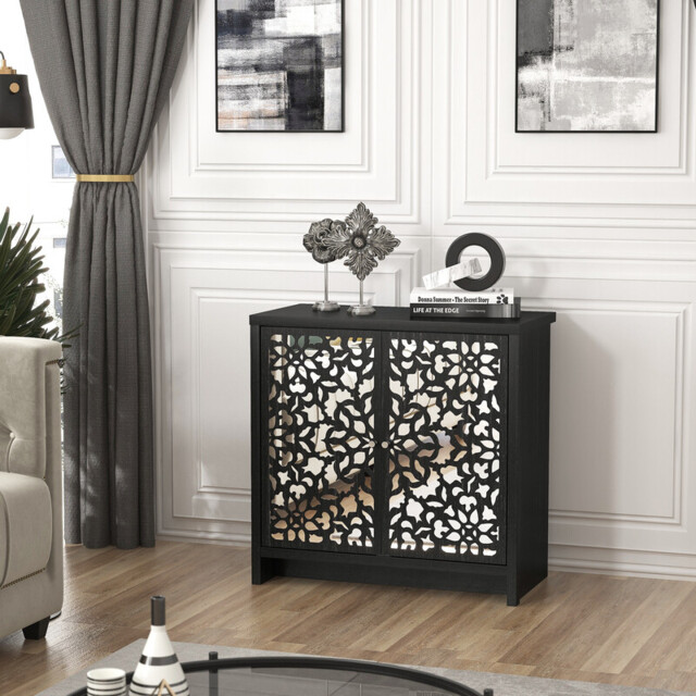Galano Norwich 2 Door Sideboard – Modern Laser Cut Design with Acrylic Mirror – Storage Cabinet for Living Room, Bedroom, or Kitchen – Rustic Black Oak - image 1