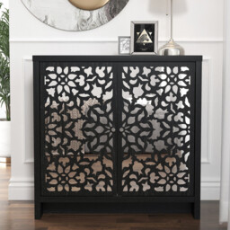 Galano Norwich 2 Door Sideboard – Modern Laser Cut Design with Acrylic Mirror – Storage Cabinet for Living Room, Bedroom, or Kitchen – Rustic Black Oak - thumbnail 4