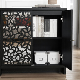 Galano Norwich 2 Door Sideboard – Modern Laser Cut Design with Acrylic Mirror – Storage Cabinet for Living Room, Bedroom, or Kitchen – Rustic Black Oak - thumbnail 2