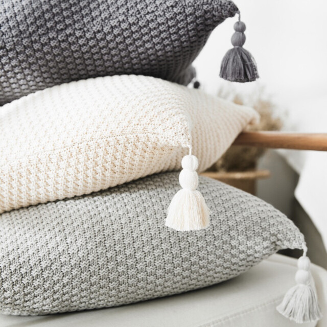 MEROPE, Cotton knit/Fringed Cushion Cover, 50x50cm, ivory, 1pack - image 1