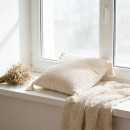 MEROPE, Cotton knit/Fringed Cushion Cover, 50x50cm, ivory, 1pack - thumbnail 2
