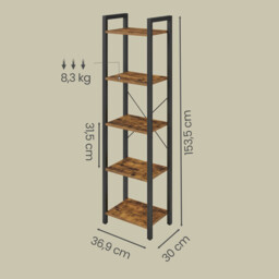 Ochama 5-Tier Storage Shelf, Freestanding Bookcase for Home Office, Living Room, Industrial, Brown and Black - thumbnail 6