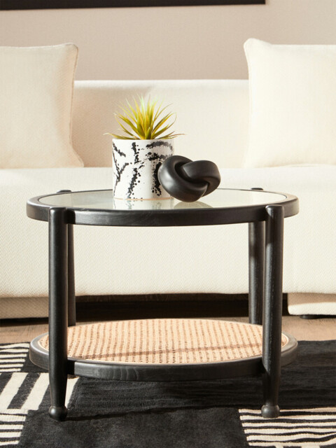 Interiors by Premier Coffee Table Round Cebu Elm Wood & Rattan Black/Natural - image 1
