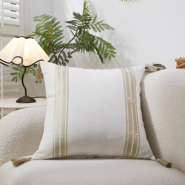 MEROPE Polyester/Cotton Embroidered Cushion Cover, 50x50 cm, White/Beige, Pack of 1 - image 1