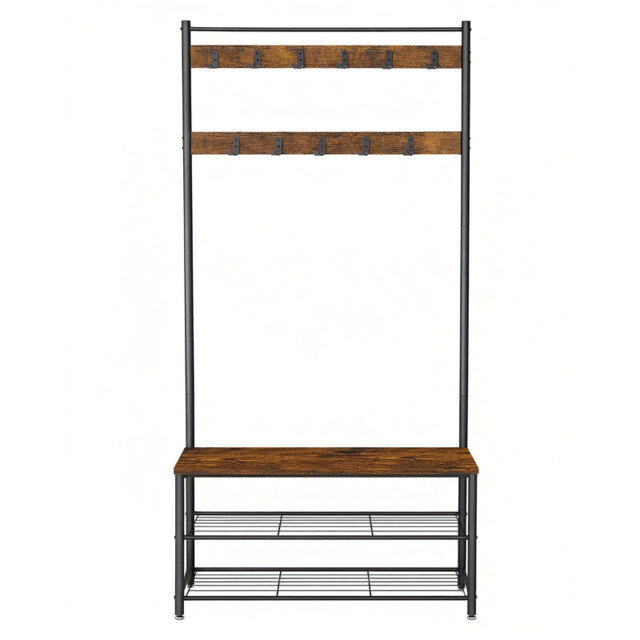 Ochama Coat Rack, Hall Tree with Shoe Storage Bench, 32 x 85 x 175 cm, Industrial, Rustic Brown and Black - image 1