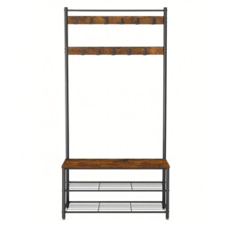 Ochama Coat Rack, Hall Tree with Shoe Storage Bench, 32 x 85 x 175 cm, Industrial, Rustic Brown and Black
