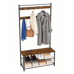 Ochama Coat Rack, Hall Tree with Shoe Storage Bench, 32 x 85 x 175 cm, Industrial, Rustic Brown and Black - thumbnail 7