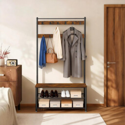 Ochama Coat Rack, Hall Tree with Shoe Storage Bench, 32 x 85 x 175 cm, Industrial, Rustic Brown and Black - thumbnail 3