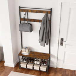 Ochama Coat Rack, Hall Tree with Shoe Storage Bench, 32 x 85 x 175 cm, Industrial, Rustic Brown and Black - thumbnail 2