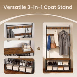Ochama Coat Rack, Hall Tree with Shoe Storage Bench, 32 x 85 x 175 cm, Industrial, Rustic Brown and Black - thumbnail 6