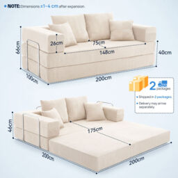 YINIX Compressed Convertible Sleeper Sofa, 62/78-inch Folding Floor Couch, 4-in-1 Memory Foam Futon with Back Support Pillows and Track Arms, Living Room Use Cream White 200cm - thumbnail 7