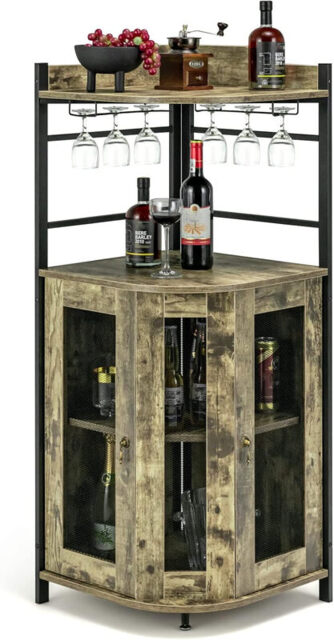 COSTWAY Industrial Corner Bar Wine Cabinet with Metal Mesh Doors and Adjustable Shelf-Rustic Brown - image 1