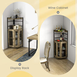 COSTWAY Industrial Corner Bar Wine Cabinet with Metal Mesh Doors and Adjustable Shelf-Rustic Brown - thumbnail 6