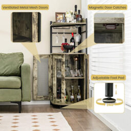 COSTWAY Industrial Corner Bar Wine Cabinet with Metal Mesh Doors and Adjustable Shelf-Rustic Brown - thumbnail 5