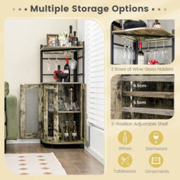 COSTWAY Industrial Corner Bar Wine Cabinet with Metal Mesh Doors and Adjustable Shelf-Rustic Brown - thumbnail 4