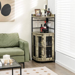 COSTWAY Industrial Corner Bar Wine Cabinet with Metal Mesh Doors and Adjustable Shelf-Rustic Brown - thumbnail 2