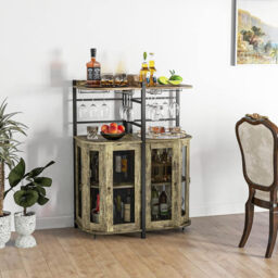 COSTWAY Industrial Corner Bar Wine Cabinet with Metal Mesh Doors and Adjustable Shelf-Rustic Brown - thumbnail 3