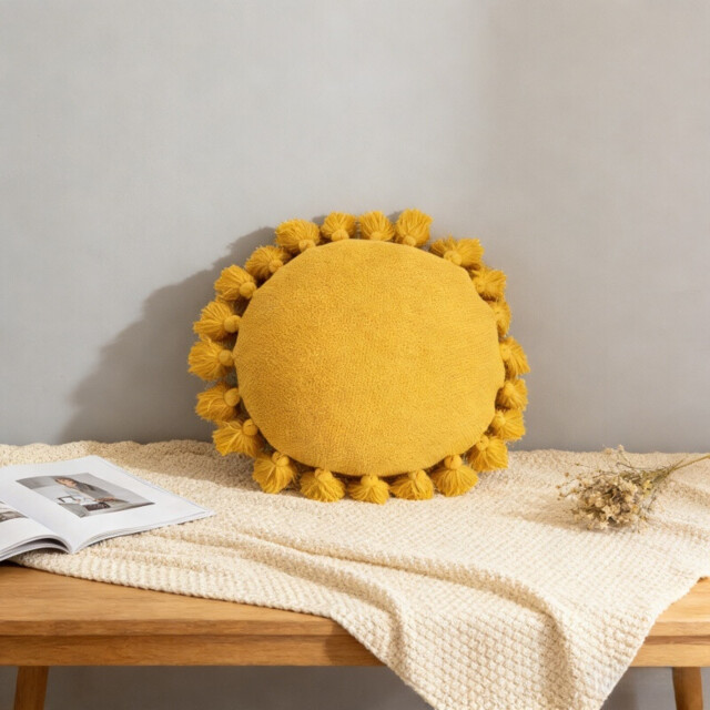 MEROPE, Acrylic Fringed Round Cushion, 45x45cm, yellow, 1pack - image 1