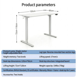 JoySelect Electric Standing Desk 120*60 cm, White, 72–118 cm, 70 kg Load Capacity, Digital Control Panel, CE & European Standard Certified, for Office, Study & Gaming - thumbnail 6