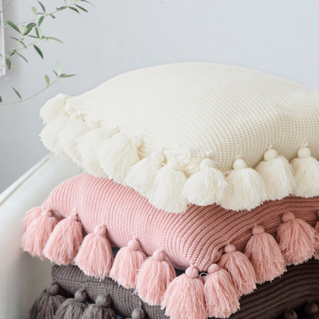 MEROPE, Acrylic Knit/Fringed Cushion Cover, 50x50cm, white, 1pack - image 1