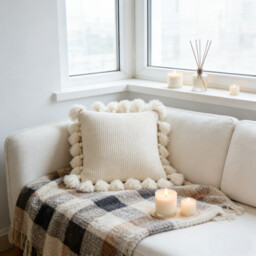MEROPE, Acrylic Knit/Fringed Cushion Cover, 50x50cm, white, 1pack - thumbnail 3